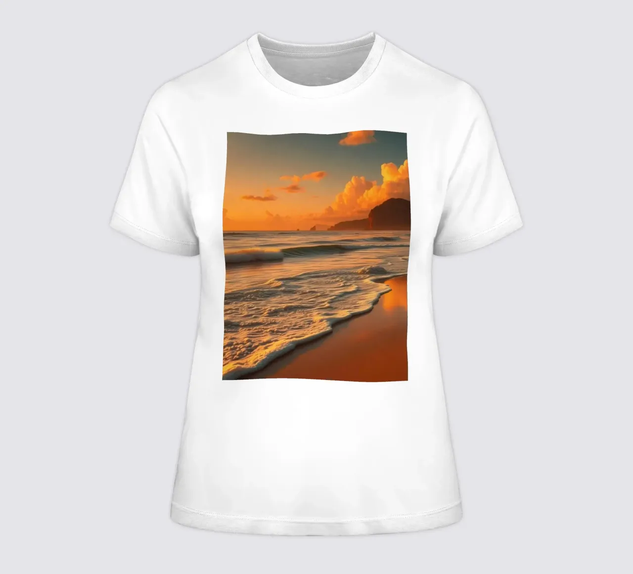 sunset over calm ocean waves at tranquil beach women's fitted t-shirt by DesignDoodle