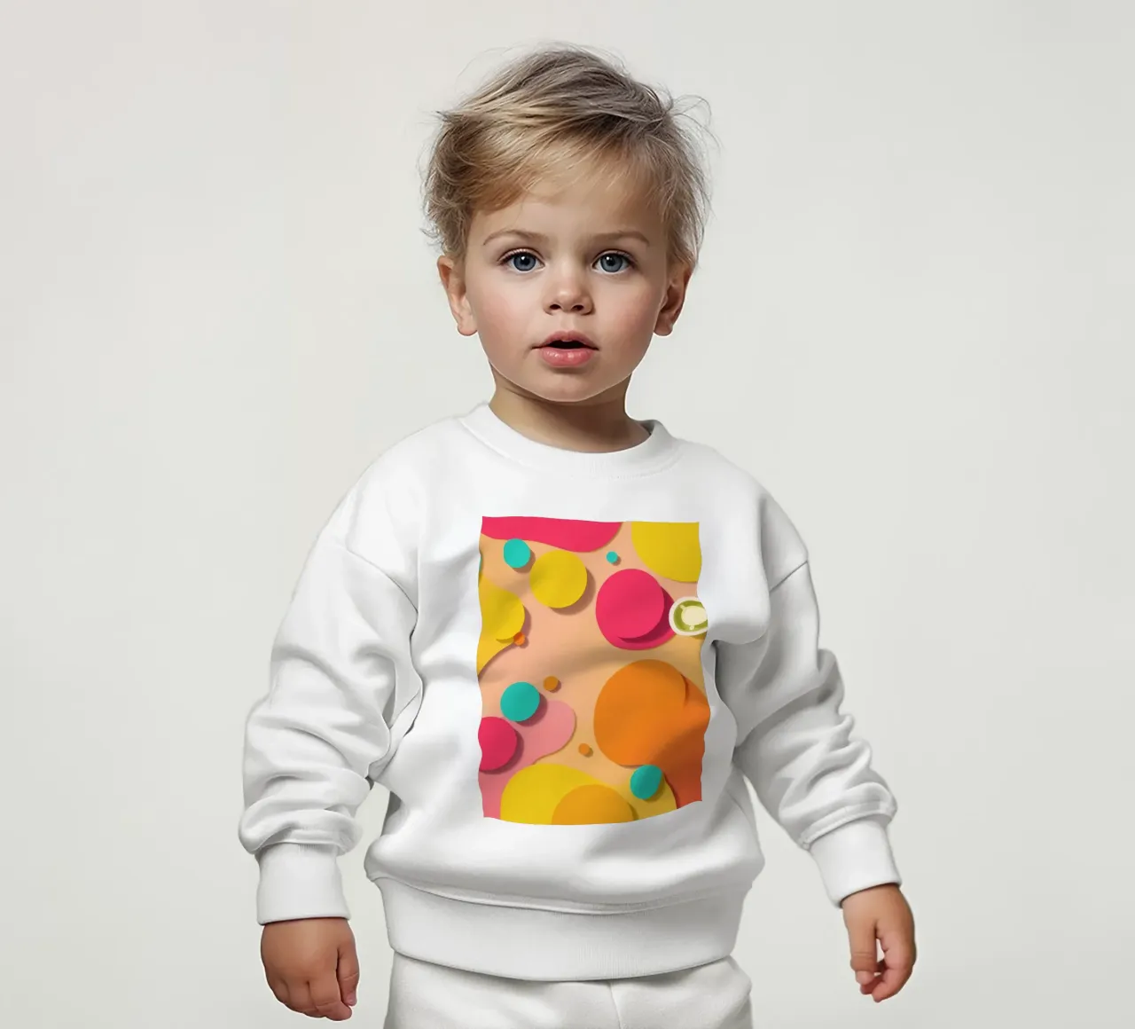 Brightly colored abstract shapes create a vibrant playful baby sweatshirt by DesignDoodle