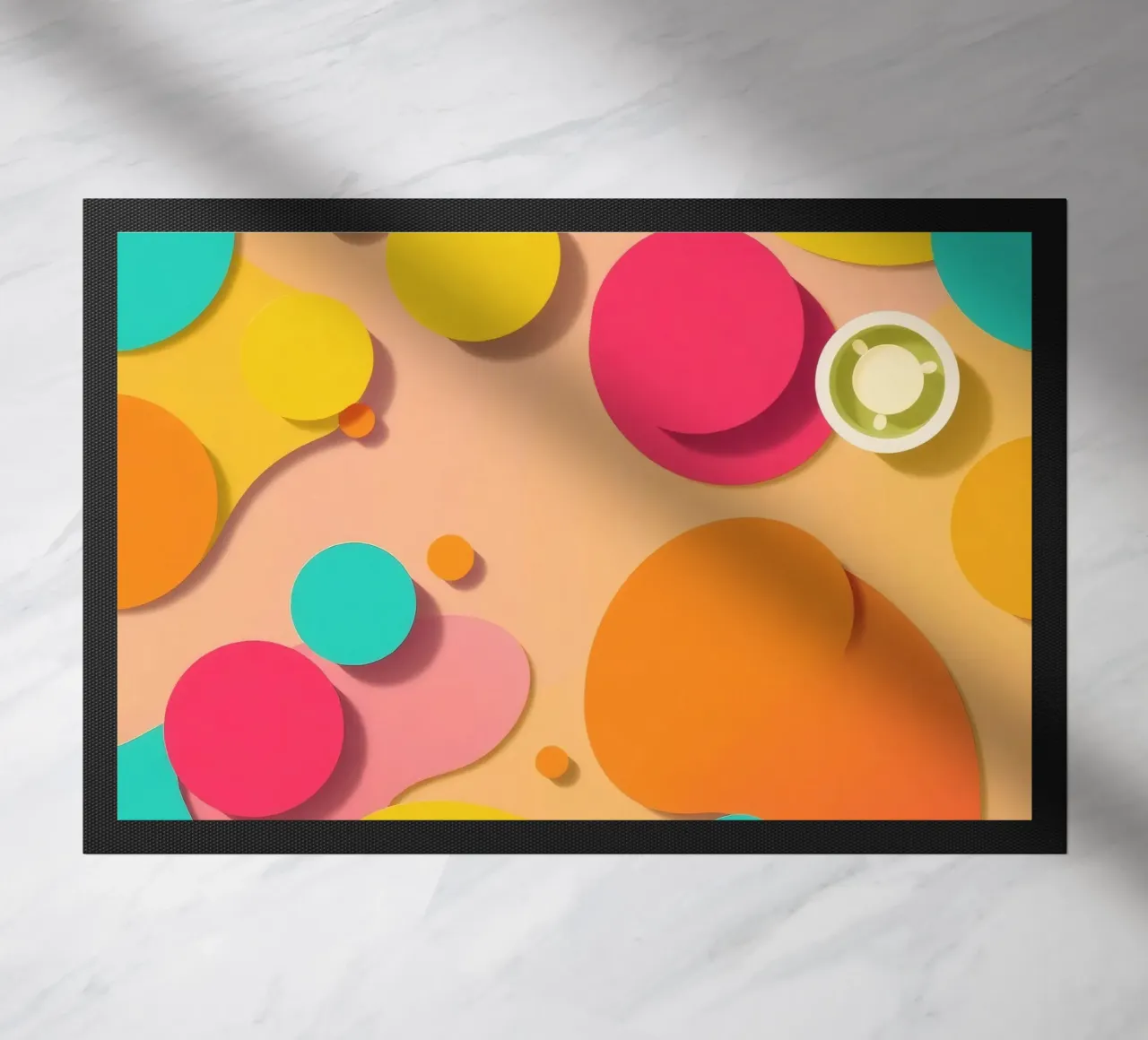 Brightly colored abstract shapes create a vibrant playful doormat by DesignDoodle