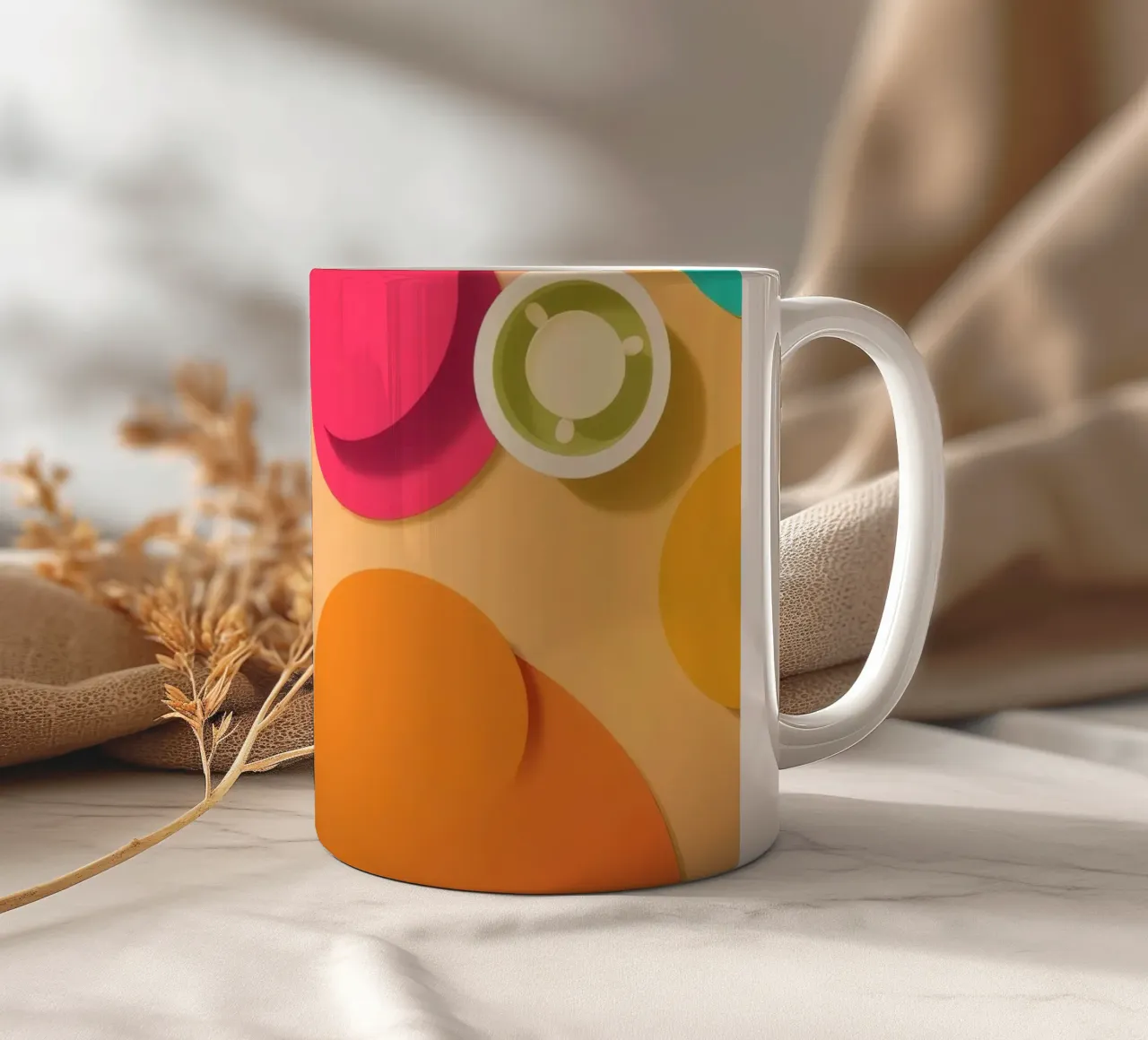 Brightly colored abstract shapes create a vibrant playful ceramic mug by DesignDoodle