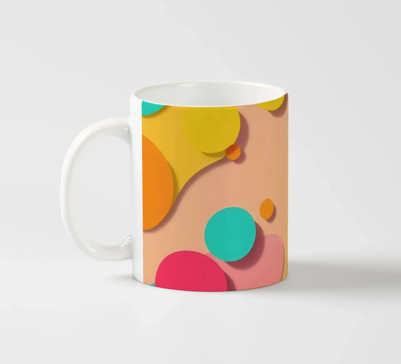 Brightly colored abstract shapes create a vibrant playful ceramic mug by DesignDoodle