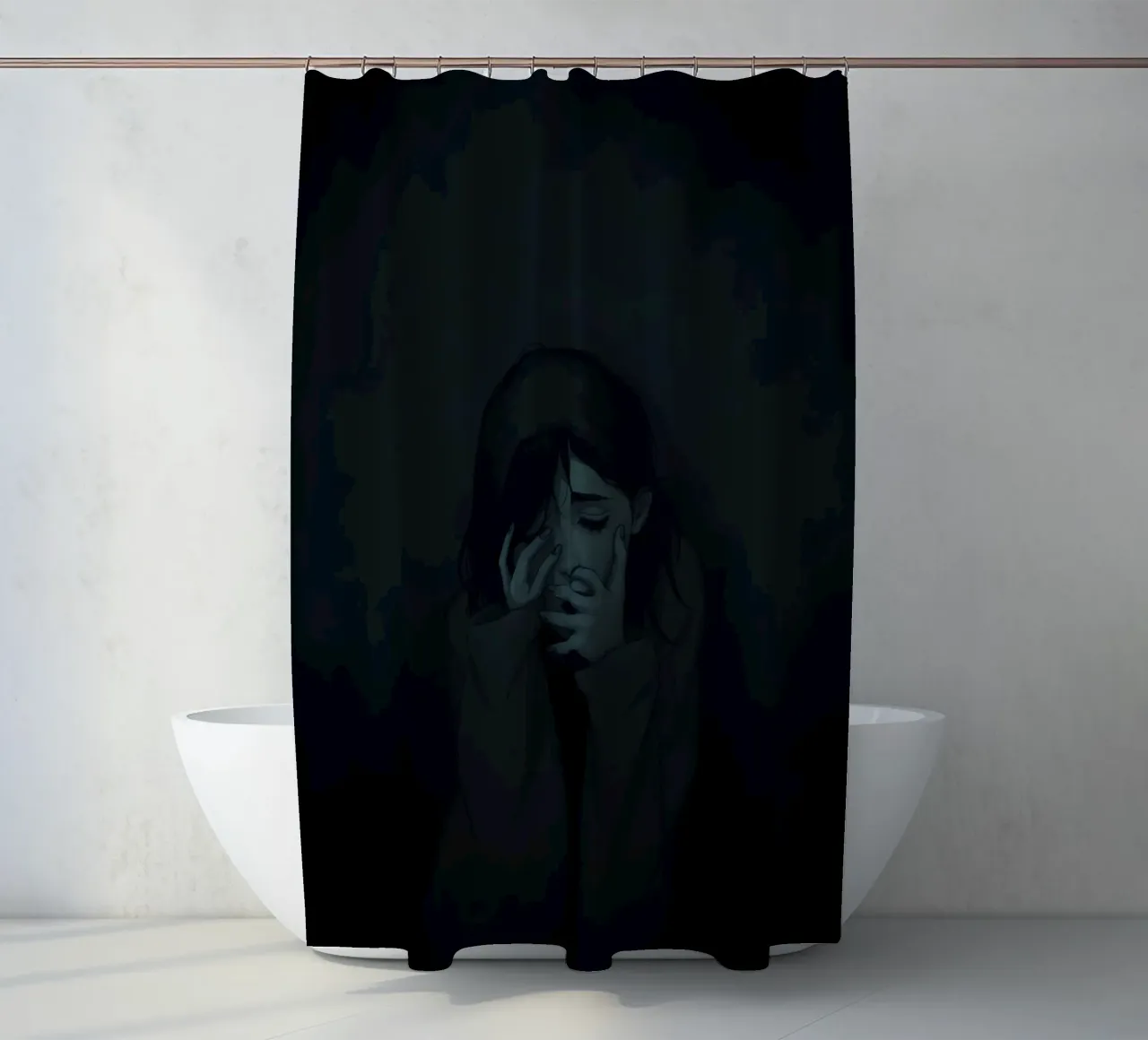 Représentation émotionnelle d'une jeune femme exprimant un profond chagrin rideau de douche de DesignDoodle
