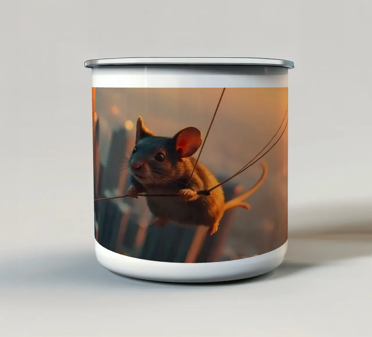 topo che scivola attraverso lo skyline di una città al tramonto tazza in smalto da DesignDoodle