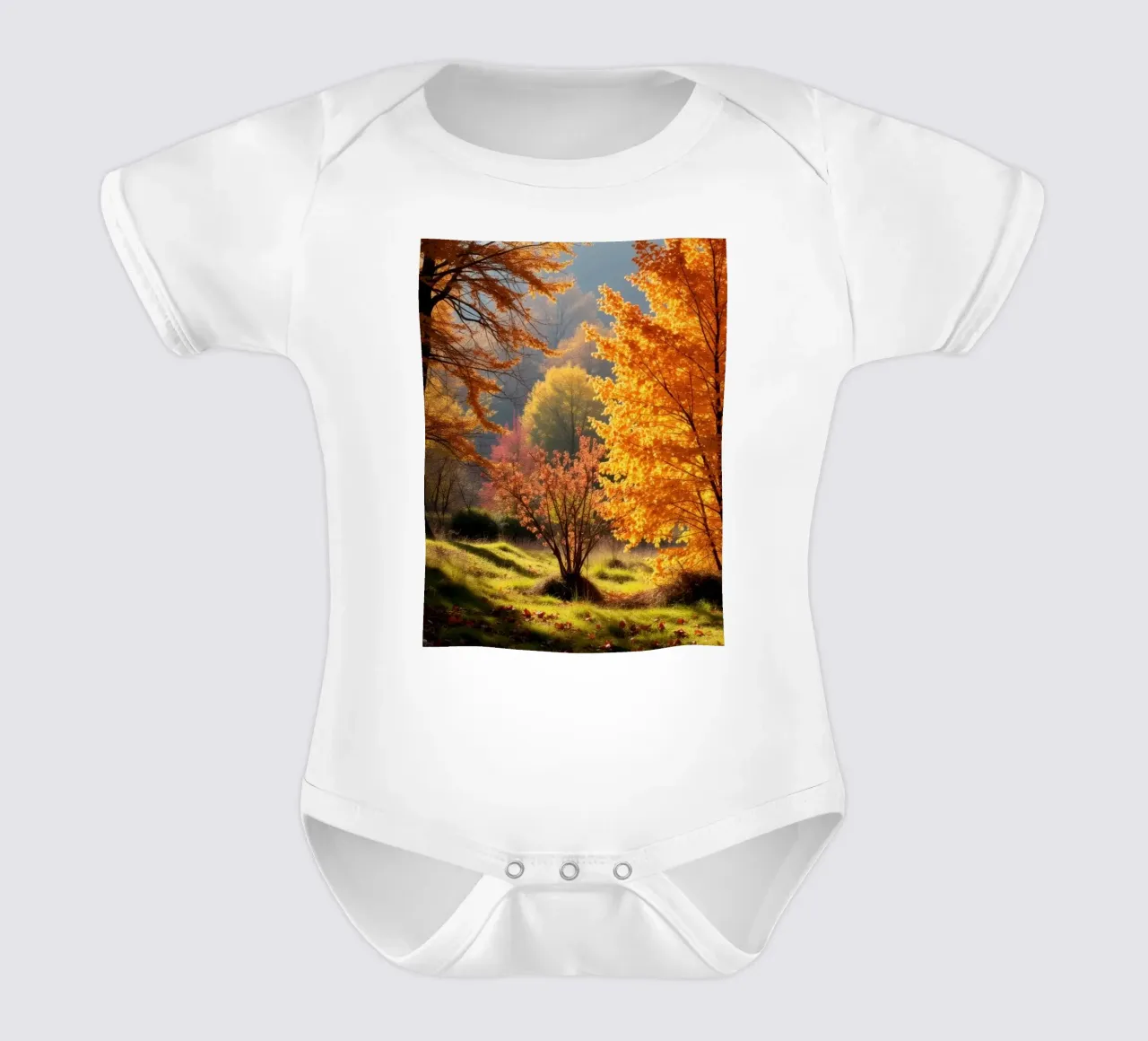 Lebendiges Herbstlaub im Wald, das bunte Blätter zeigt Kurzarm Babybody von DesignDoodle