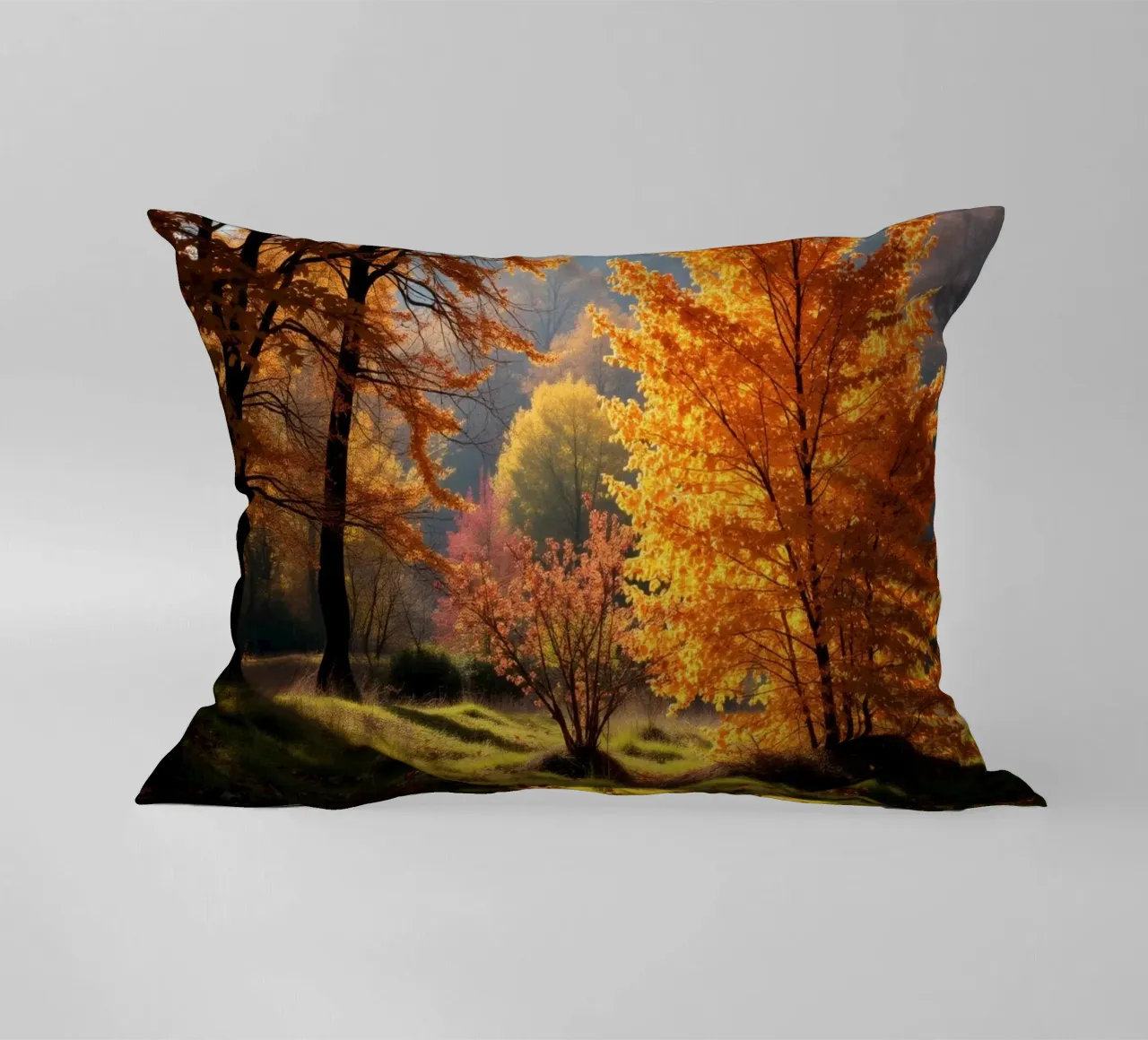 Vibrante fogliame autunnale in una foresta che mostra foglie colorate cuscino da DesignDoodle