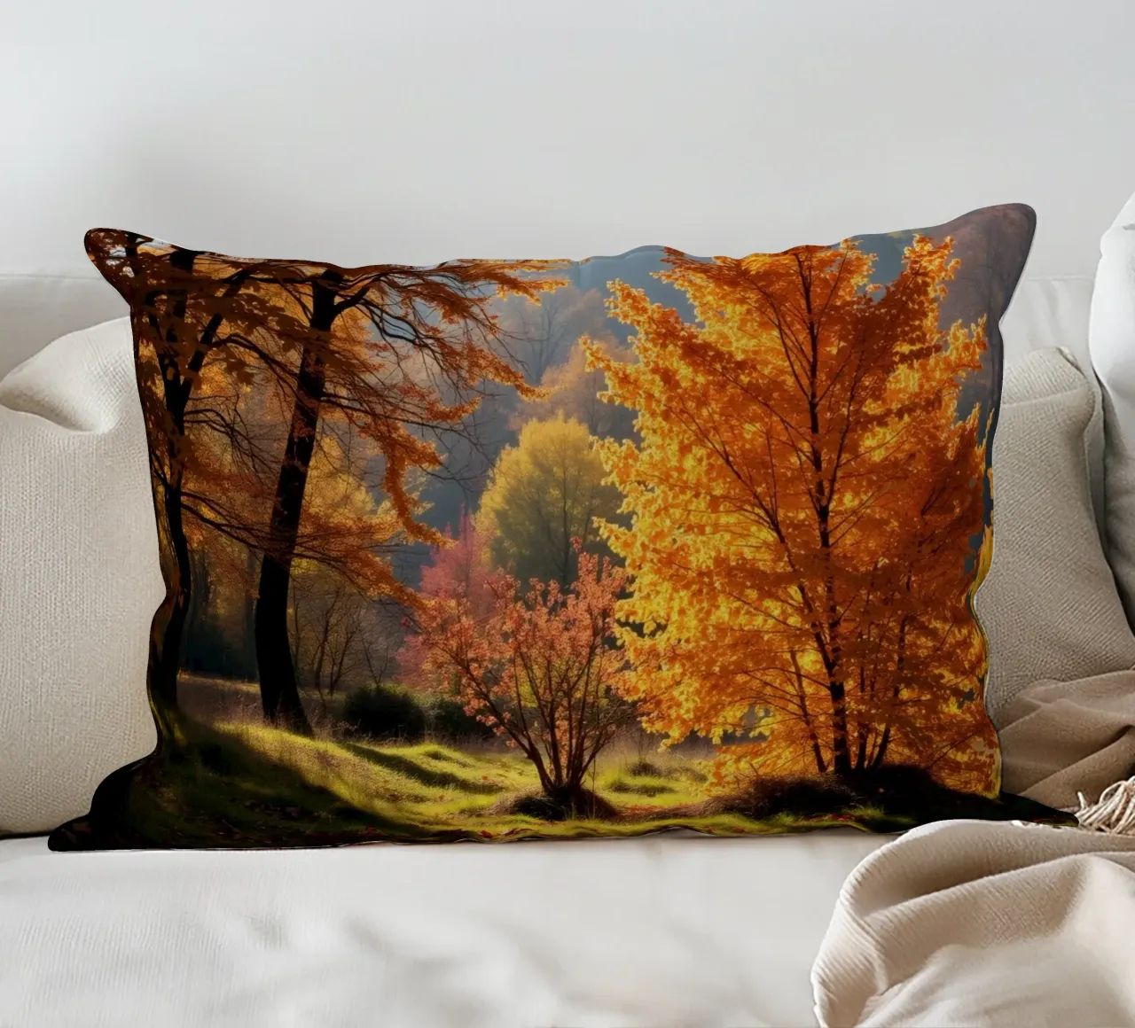 Vibrante fogliame autunnale in una foresta che mostra foglie colorate cuscino da DesignDoodle