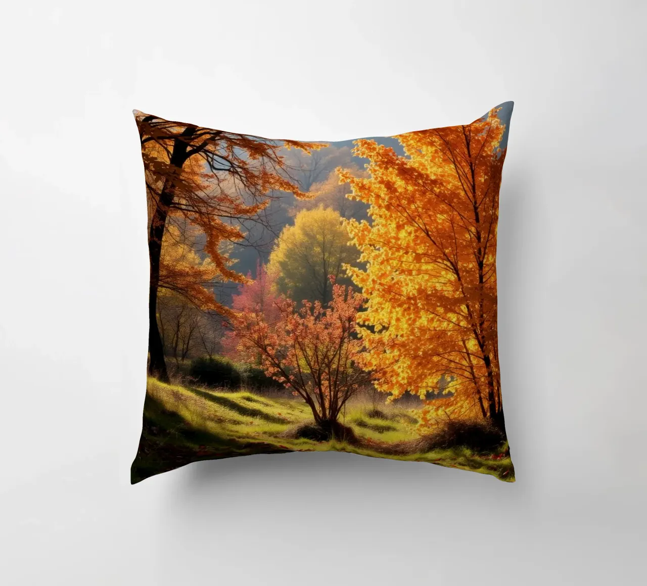 Vibrante fogliame autunnale in una foresta che mostra foglie colorate cuscino da DesignDoodle
