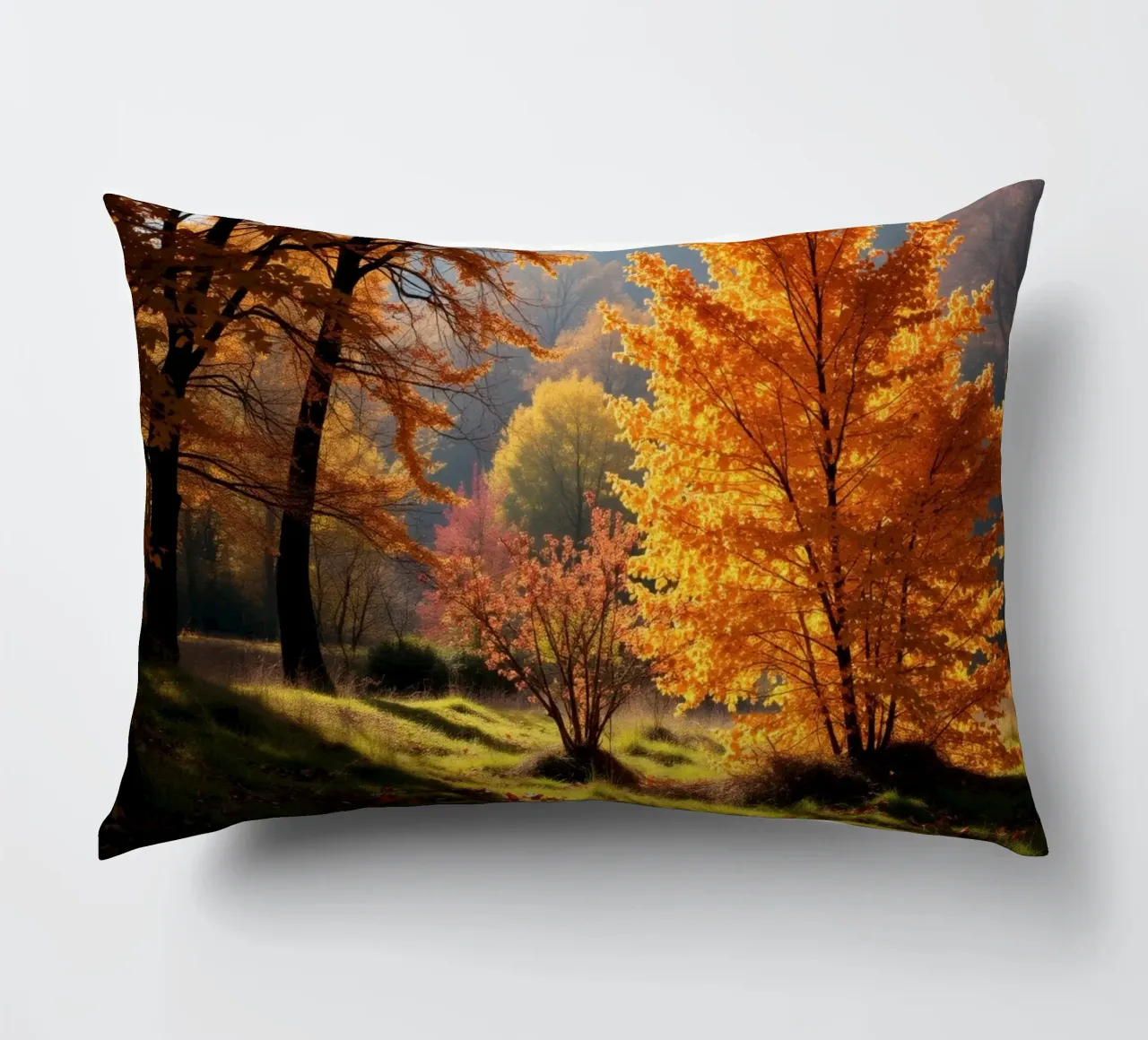 Vibrante fogliame autunnale in una foresta che mostra foglie colorate cuscino da DesignDoodle