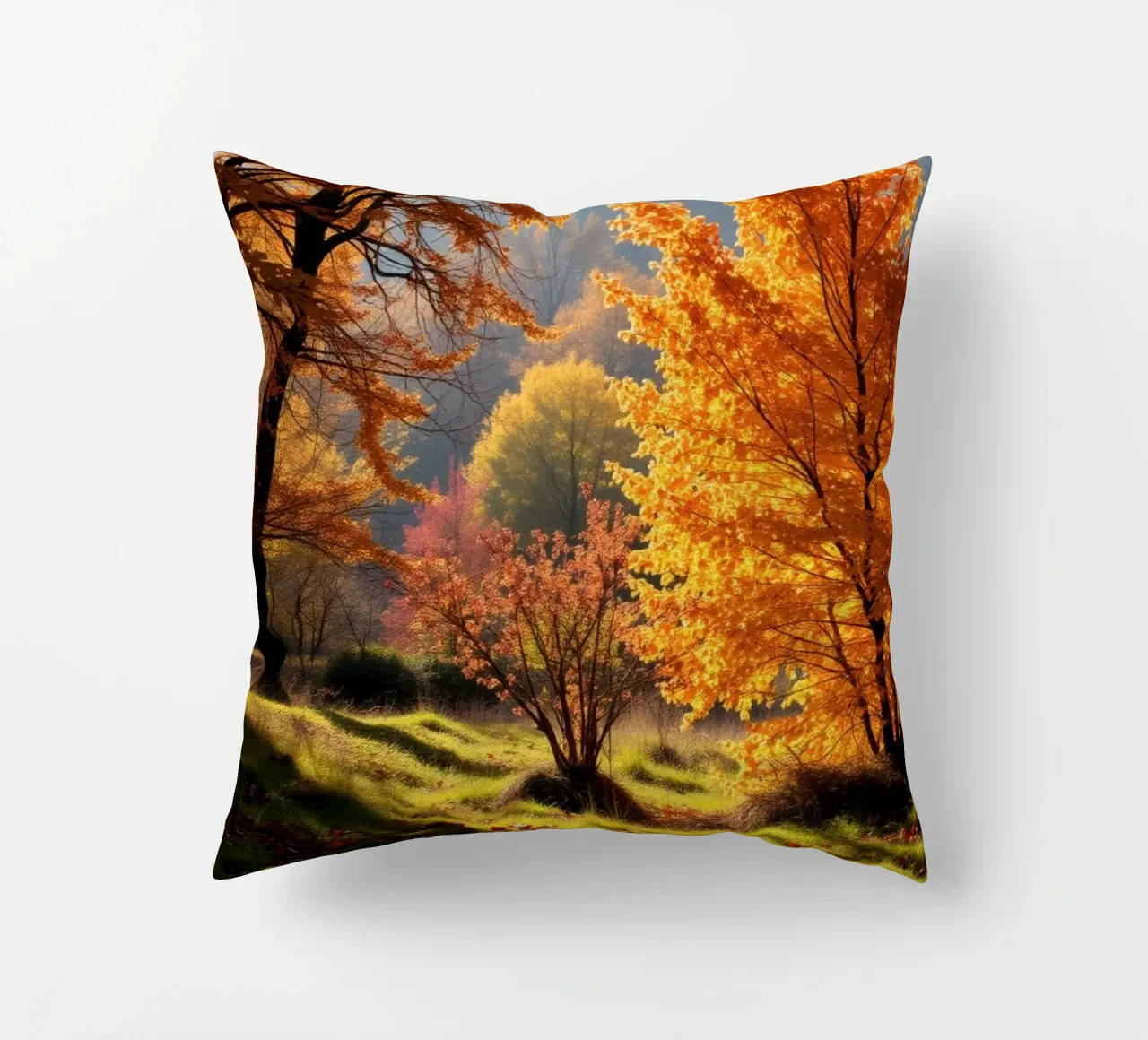 Vibrante fogliame autunnale in una foresta che mostra foglie colorate cuscino da DesignDoodle