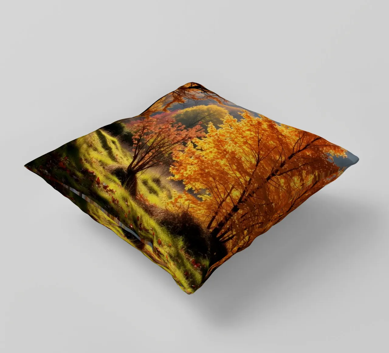 Vibrante fogliame autunnale in una foresta che mostra foglie colorate cuscino da DesignDoodle