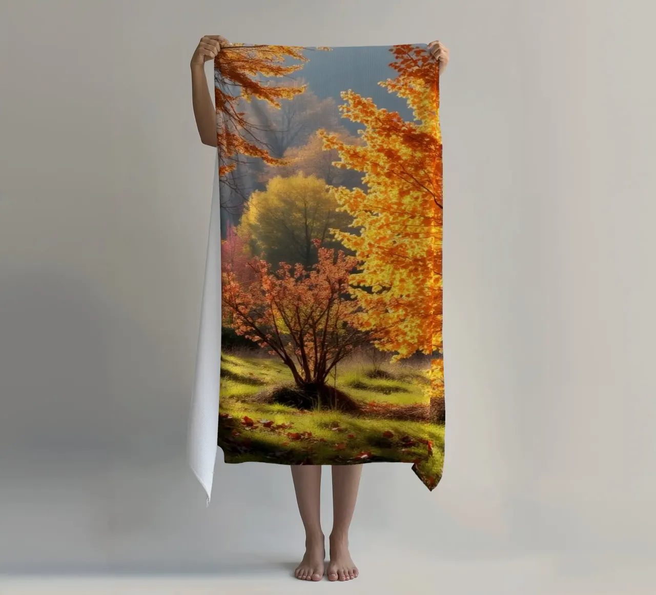 Vibrante fogliame autunnale in una foresta che mostra foglie colorate telo mare da DesignDoodle