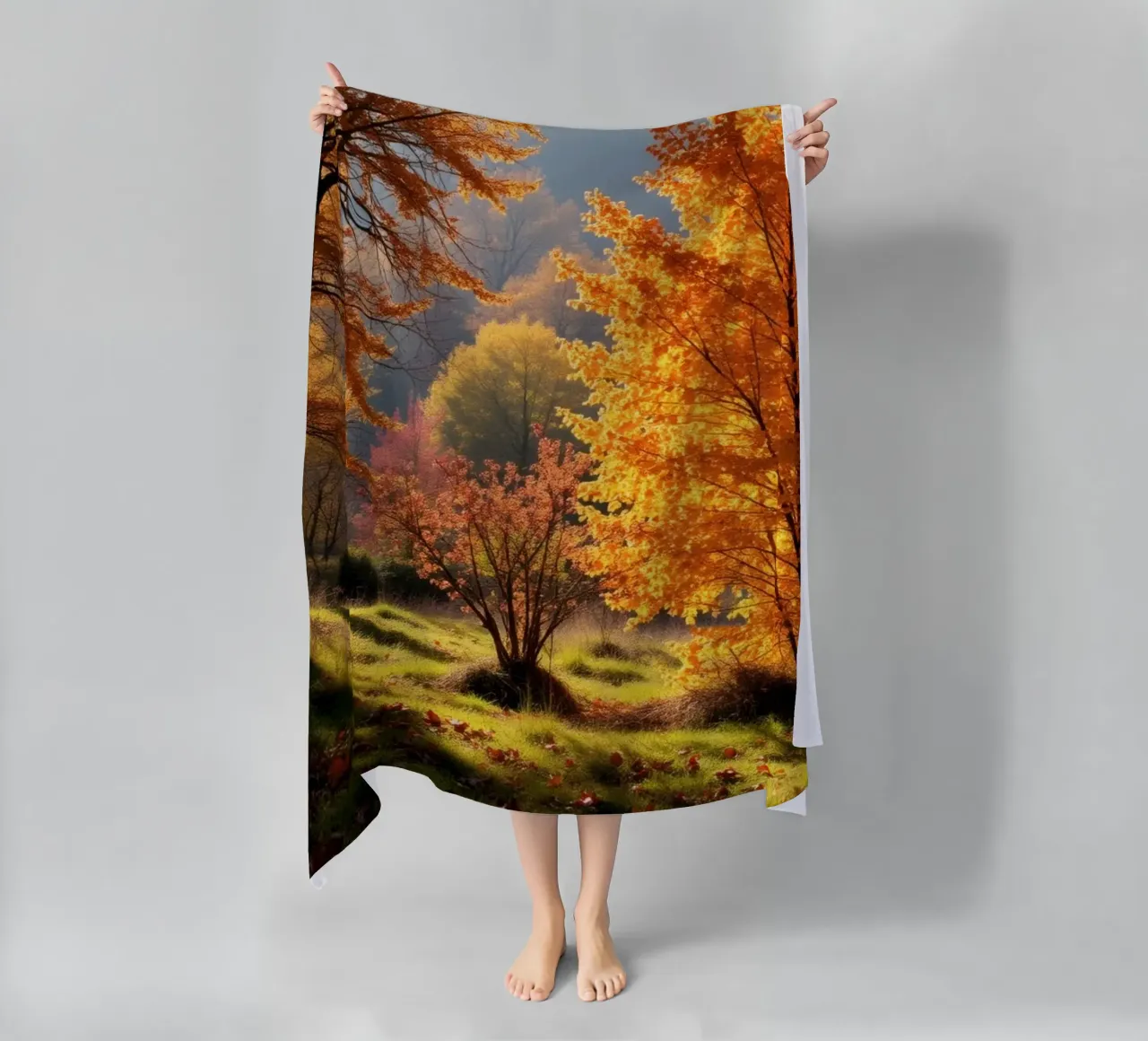 Vibrante fogliame autunnale in una foresta che mostra foglie colorate telo mare da DesignDoodle