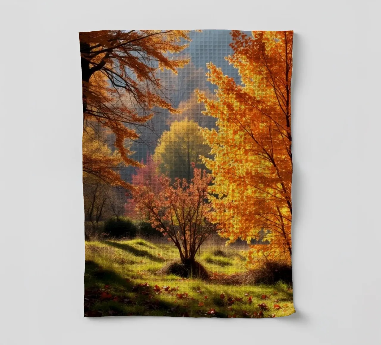 Feuillage d'automne vibrant dans une forêt présentant des feuilles colorées torchon de DesignDoodle