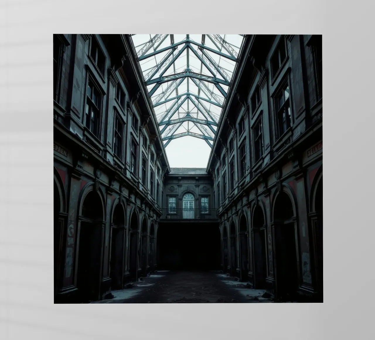 Cortile abbandonato con tetto in vetro che mette in mostra l'architettura pellicola backlit da DesignDoodle