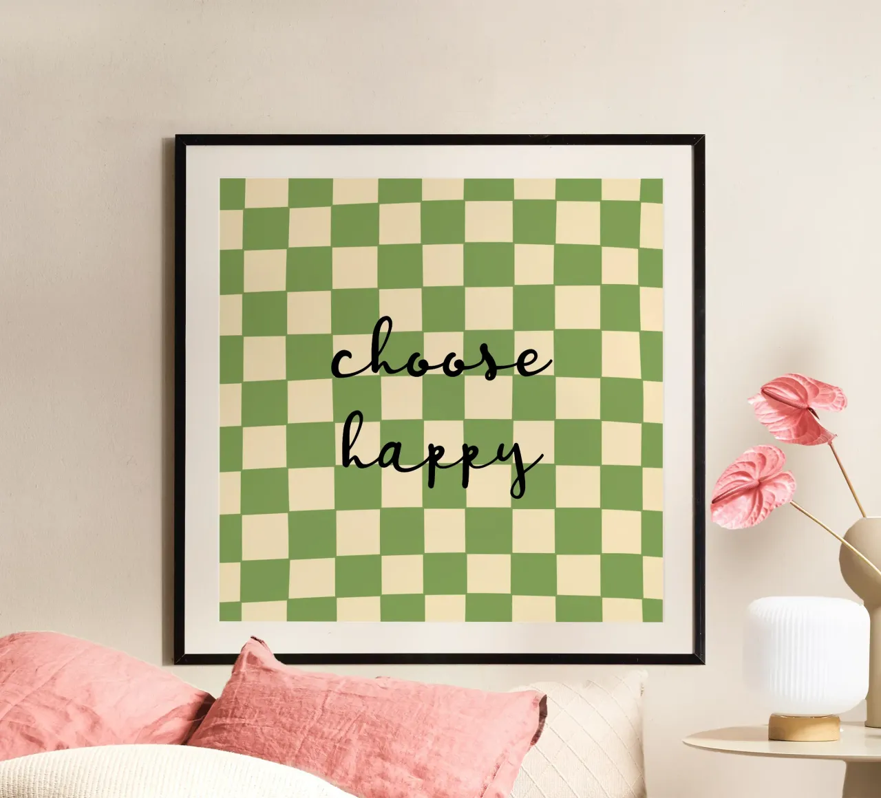 Muster kariert grün - choose happy poster con telaio in alluminio da Illustration Raissa Oltmanns