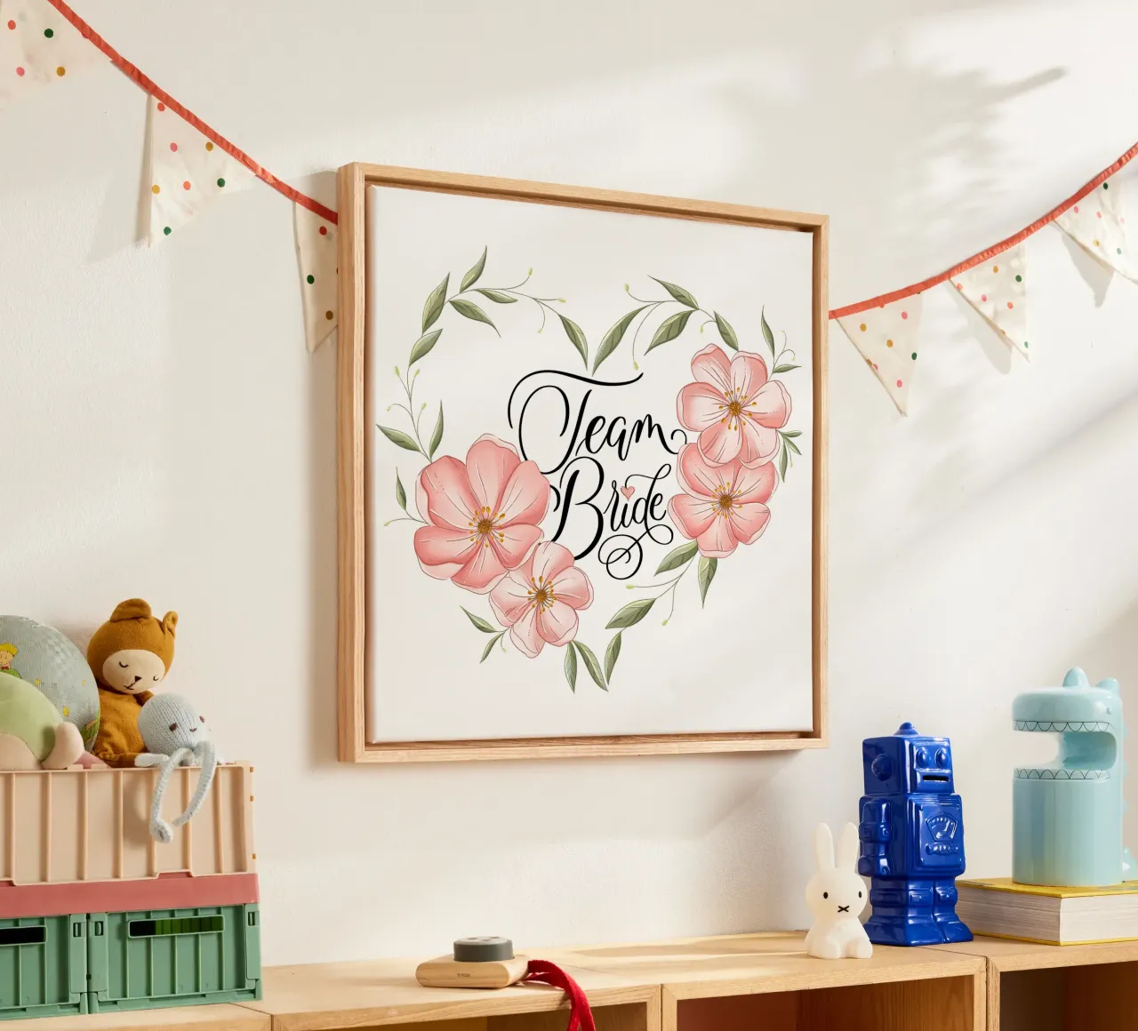 Team Bride. Enchanting flower heart with calligraphy. canvas with Floater frame by CalliLetters