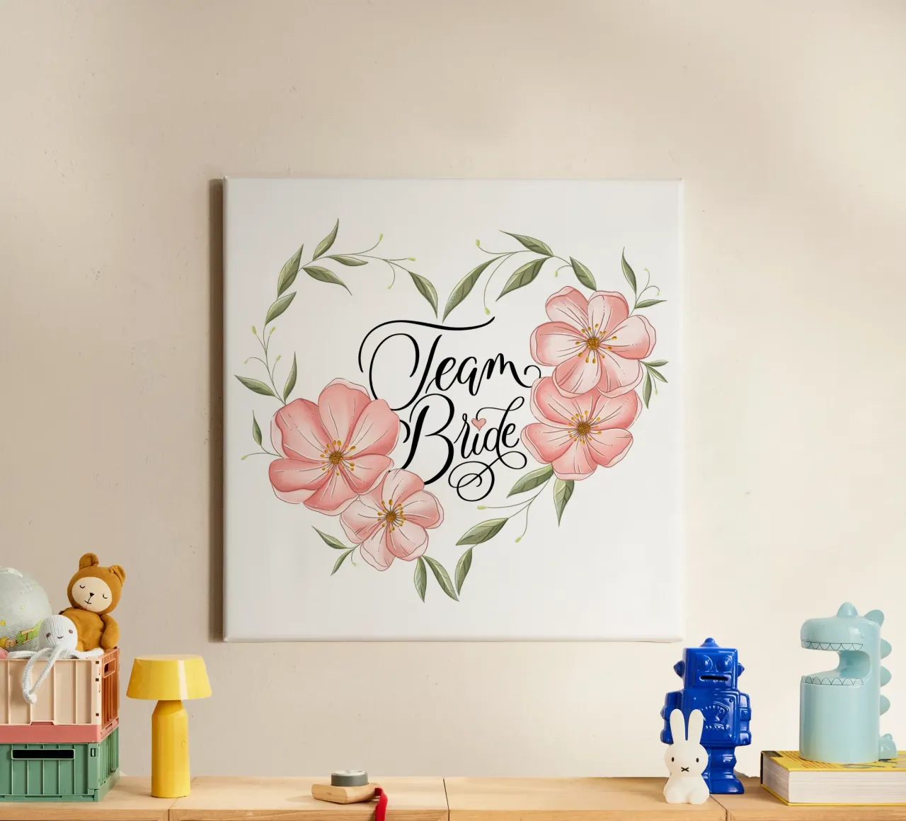 Team Bride. Enchanting flower heart with calligraphy. canvas with Floater frame by CalliLetters