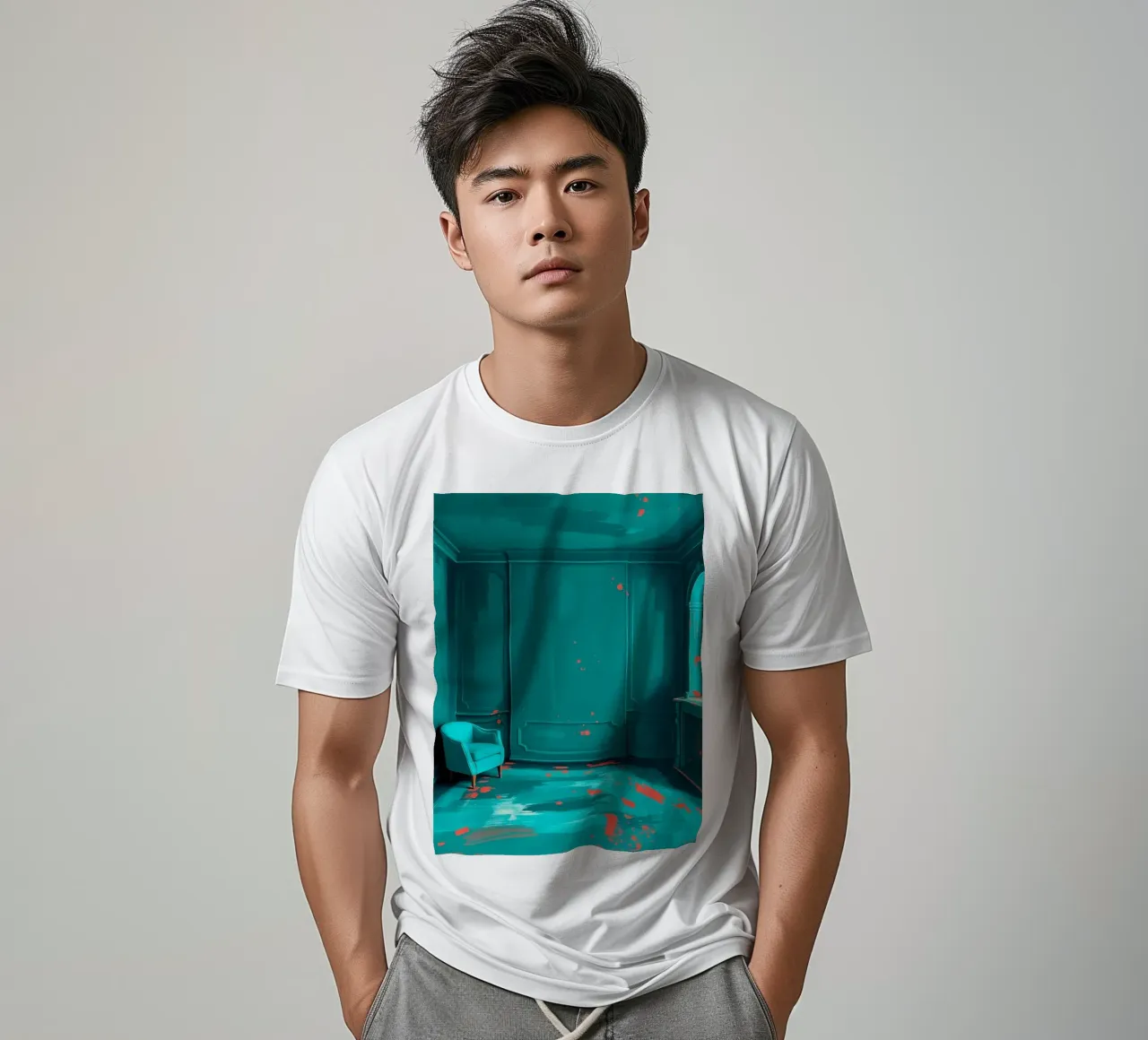 interni verde acqua con spruzzi di rosso, caratterizzati da un'elegante poltrona t-shirt da DesignDoodle