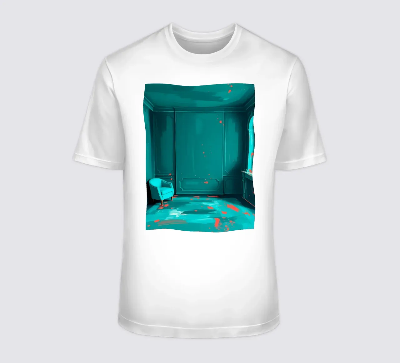 interni verde acqua con spruzzi di rosso, caratterizzati da un'elegante poltrona t-shirt da DesignDoodle