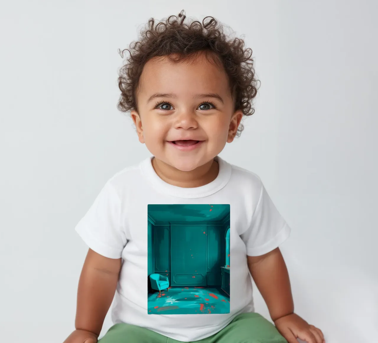 teal interior with red splashes, featuring elegant chair baby t-shirt by DesignDoodle