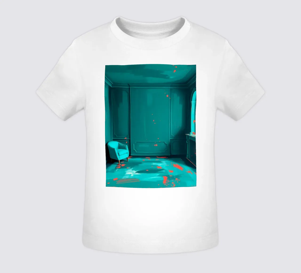 teal interior with red splashes, featuring elegant chair baby t-shirt by DesignDoodle