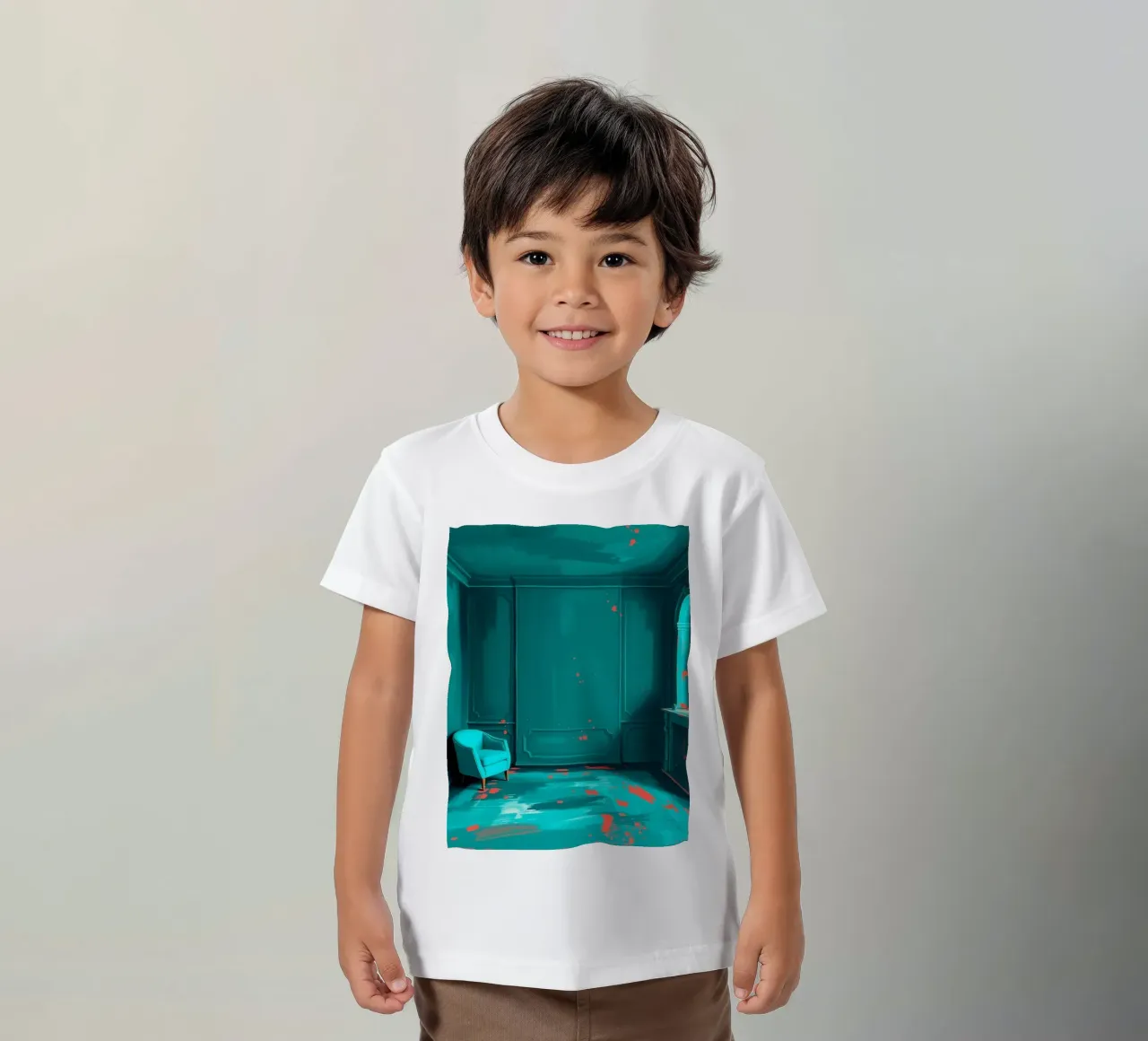 teal interior with red splashes, featuring elegant chair kids t-shirt by DesignDoodle