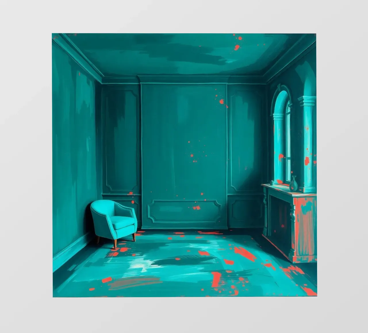 interni verde acqua con spruzzi di rosso, caratterizzati da un'elegante poltrona telo in pvc da DesignDoodle