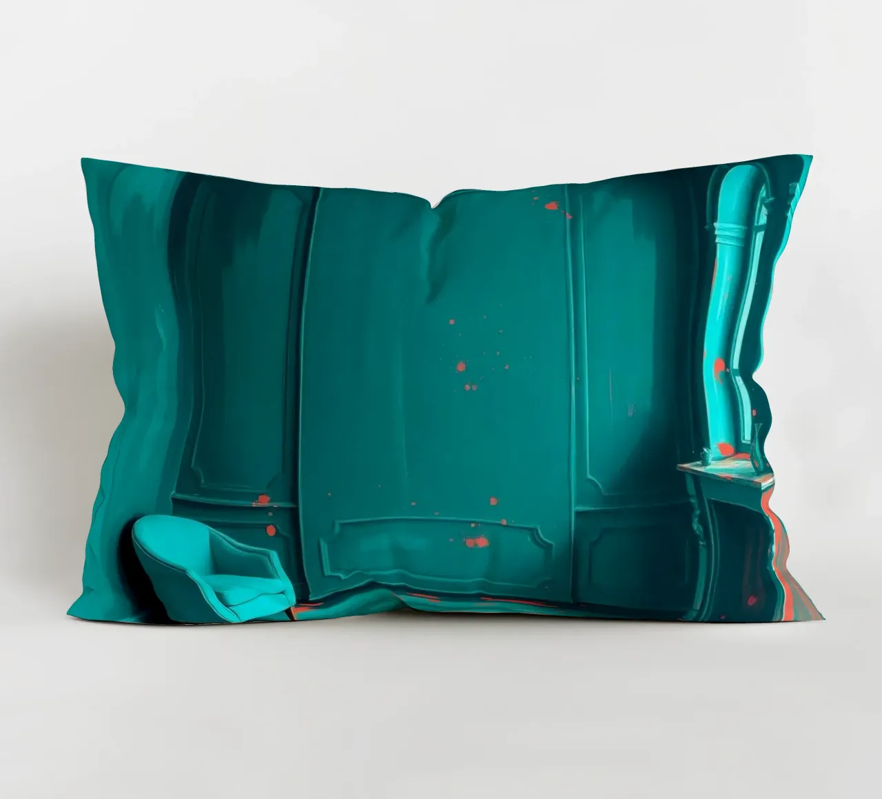 interni verde acqua con spruzzi di rosso, caratterizzati da un'elegante poltrona cuscino da DesignDoodle