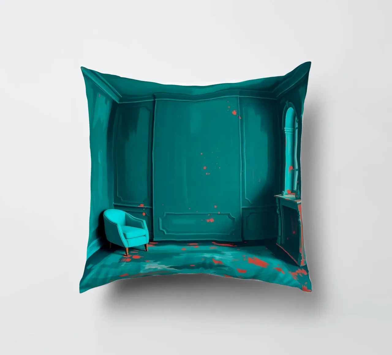 interni verde acqua con spruzzi di rosso, caratterizzati da un'elegante poltrona cuscino da DesignDoodle