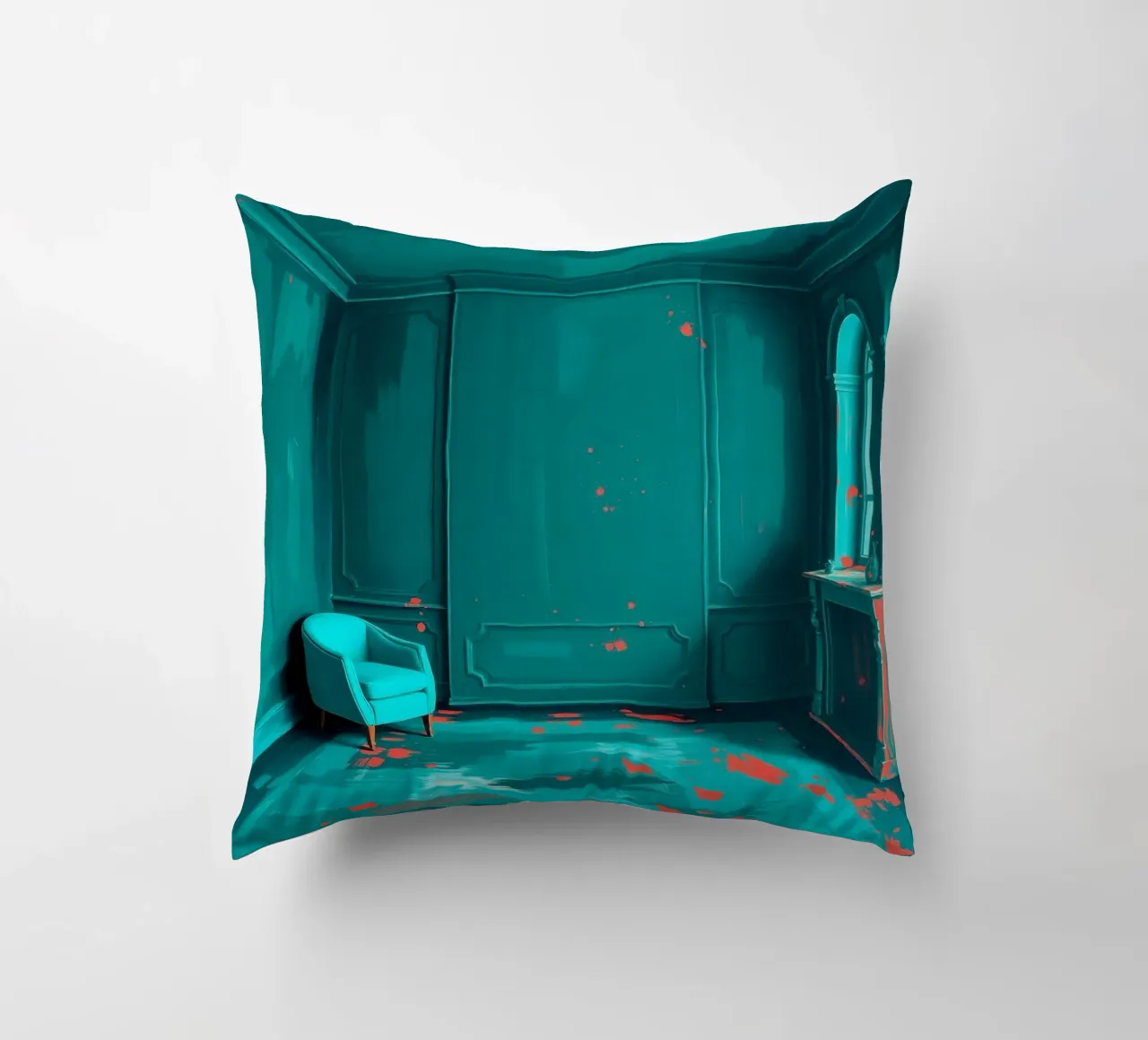 interni verde acqua con spruzzi di rosso, caratterizzati da un'elegante poltrona cuscino da DesignDoodle