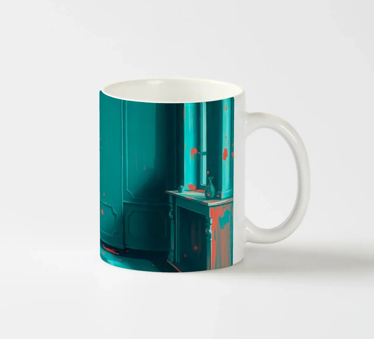 interni verde acqua con spruzzi di rosso, caratterizzati da un'elegante poltrona tazza in ceramica da DesignDoodle