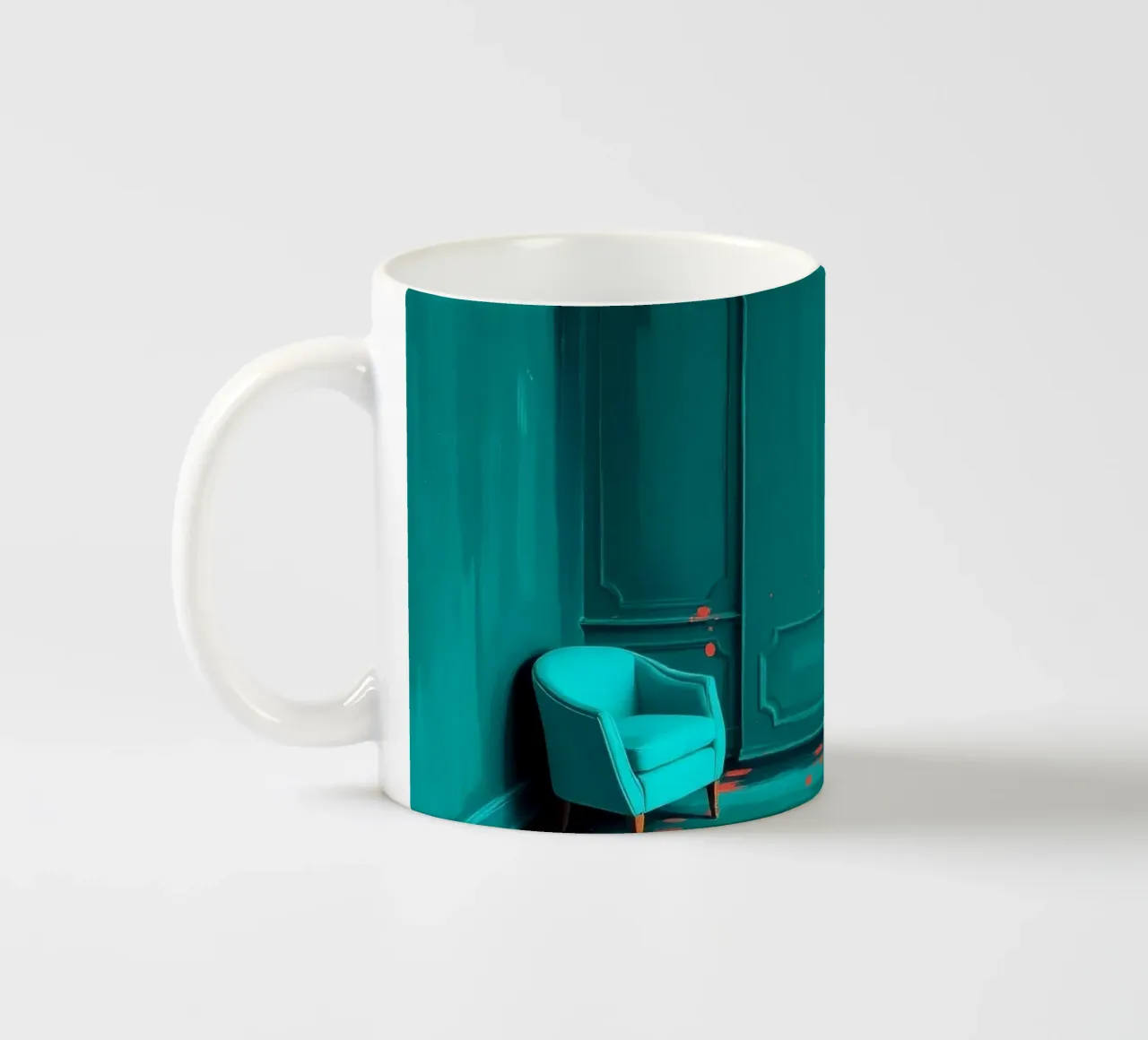 interni verde acqua con spruzzi di rosso, caratterizzati da un'elegante poltrona tazza in ceramica da DesignDoodle