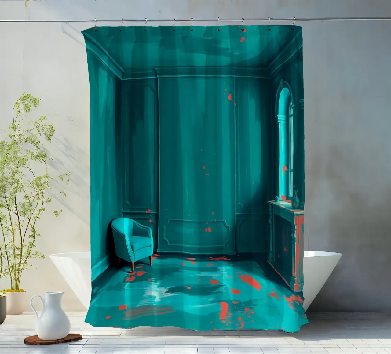 teal interior with red splashes, featuring elegant chair shower curtain by DesignDoodle