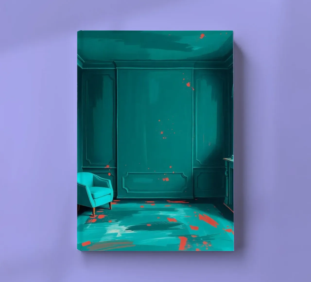 teal interior with red splashes, featuring elegant chair notebook by DesignDoodle