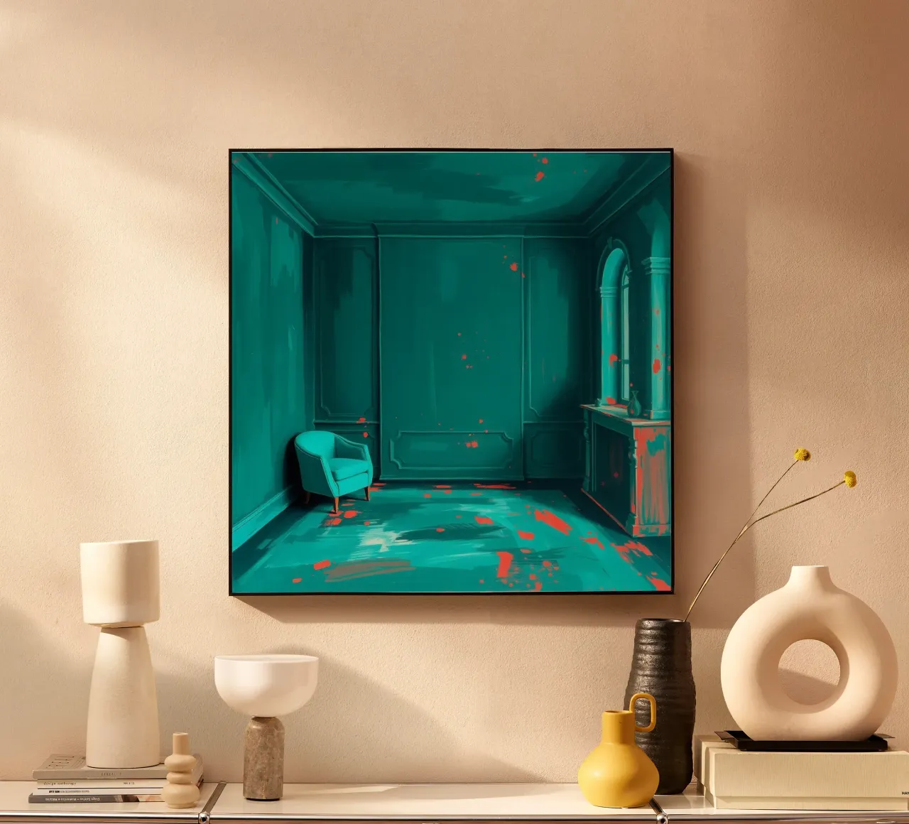 interni verde acqua con spruzzi di rosso, caratterizzati da un'elegante poltrona plexiglass da DesignDoodle
