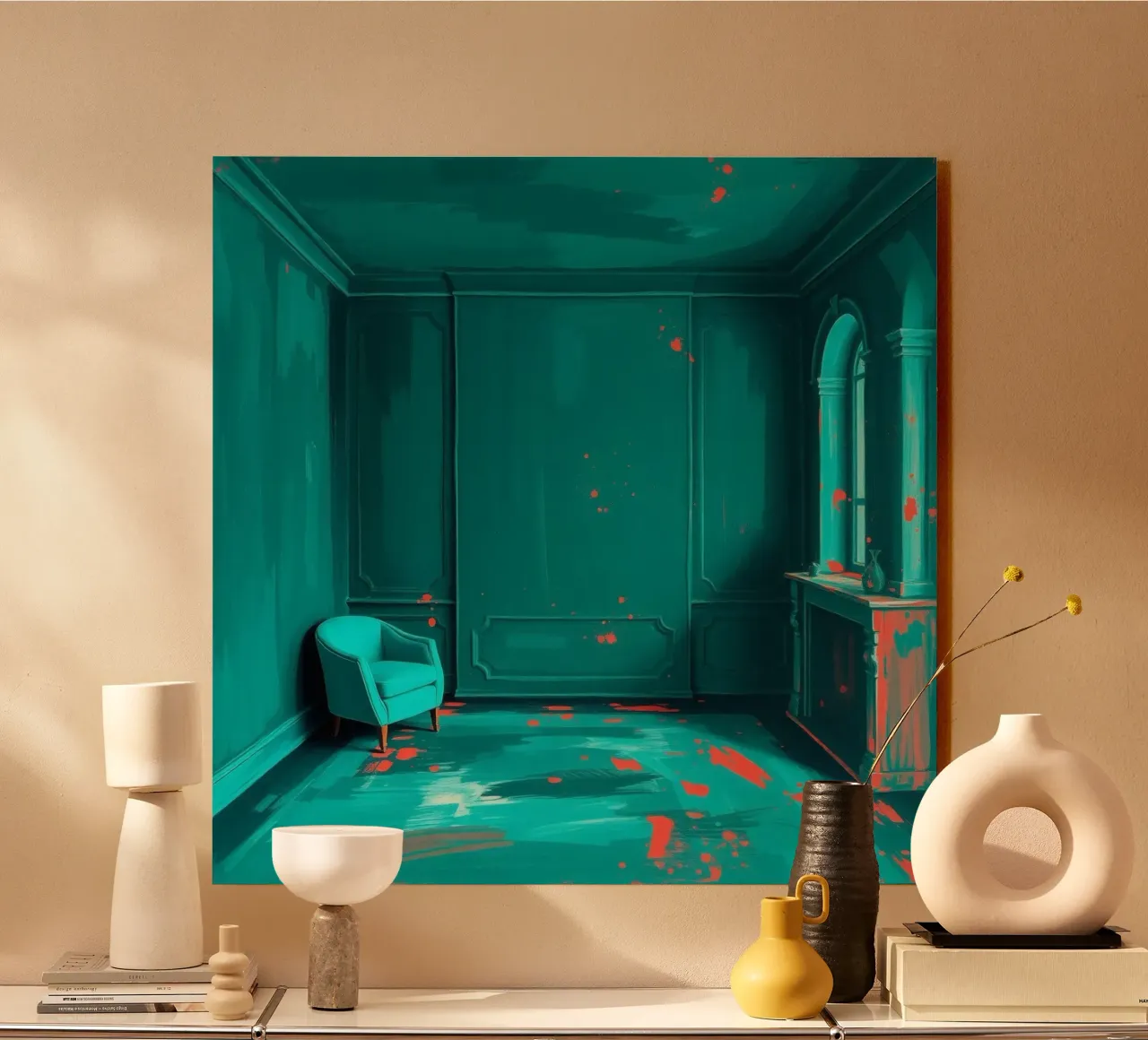 teal interior with red splashes, featuring elegant chair alu-dibond by DesignDoodle