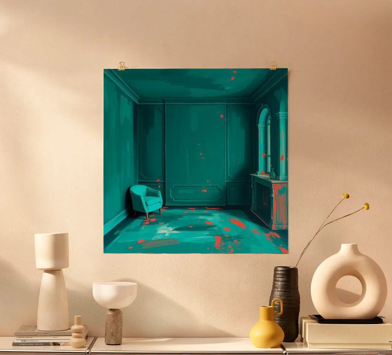 interni verde acqua con spruzzi di rosso, caratterizzati da un'elegante poltrona carta hahnemühle da DesignDoodle