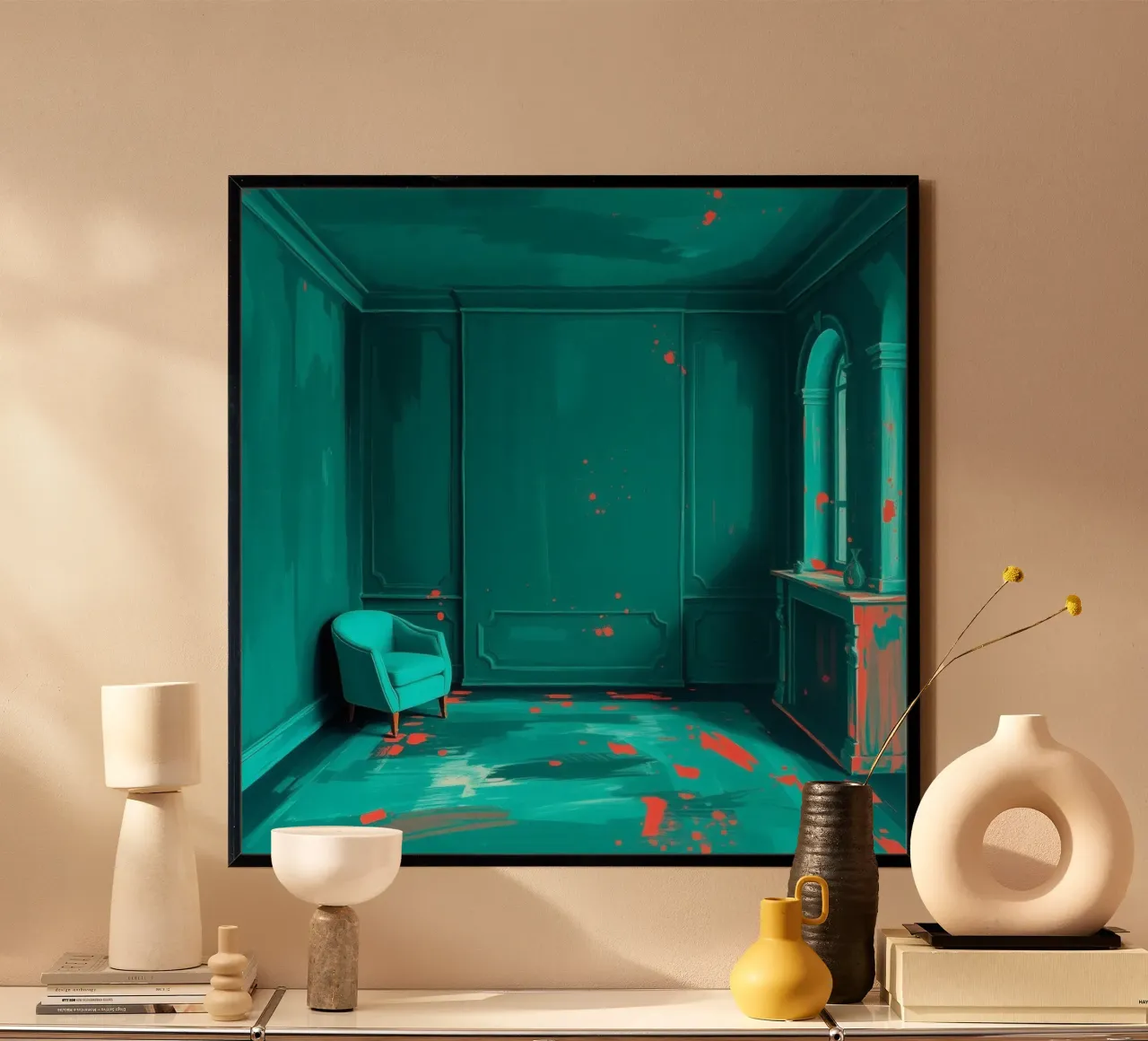 interni verde acqua con spruzzi di rosso, caratterizzati da un'elegante poltrona carta hahnemühle da DesignDoodle