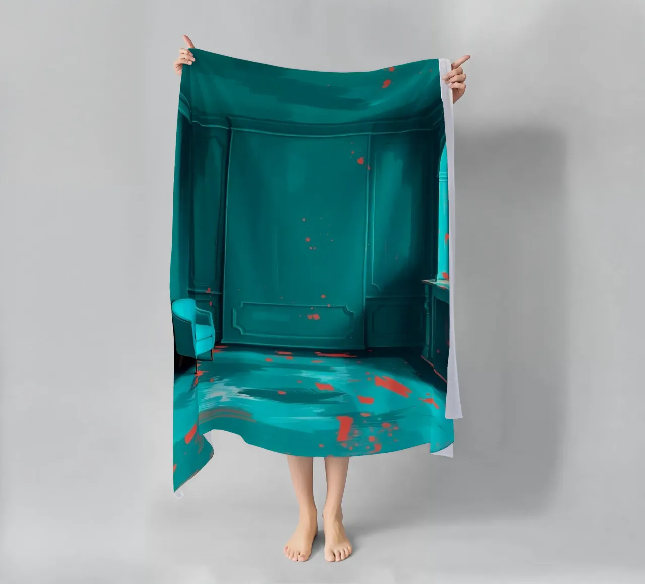teal interior with red splashes, featuring elegant chair beach towel by DesignDoodle