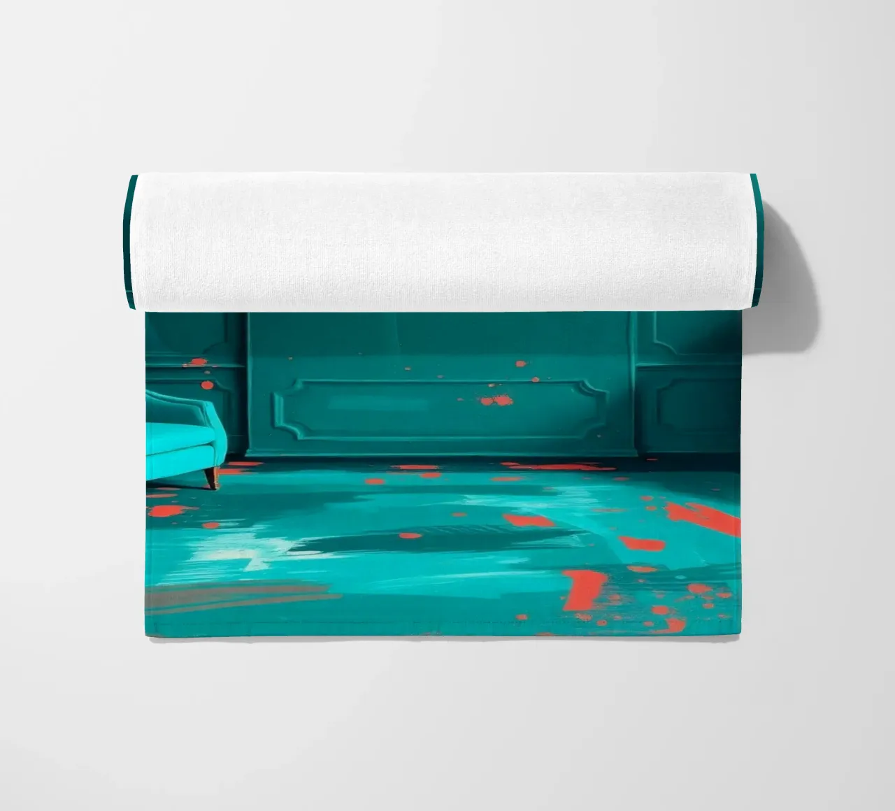 teal interior with red splashes, featuring elegant chair beach towel by DesignDoodle