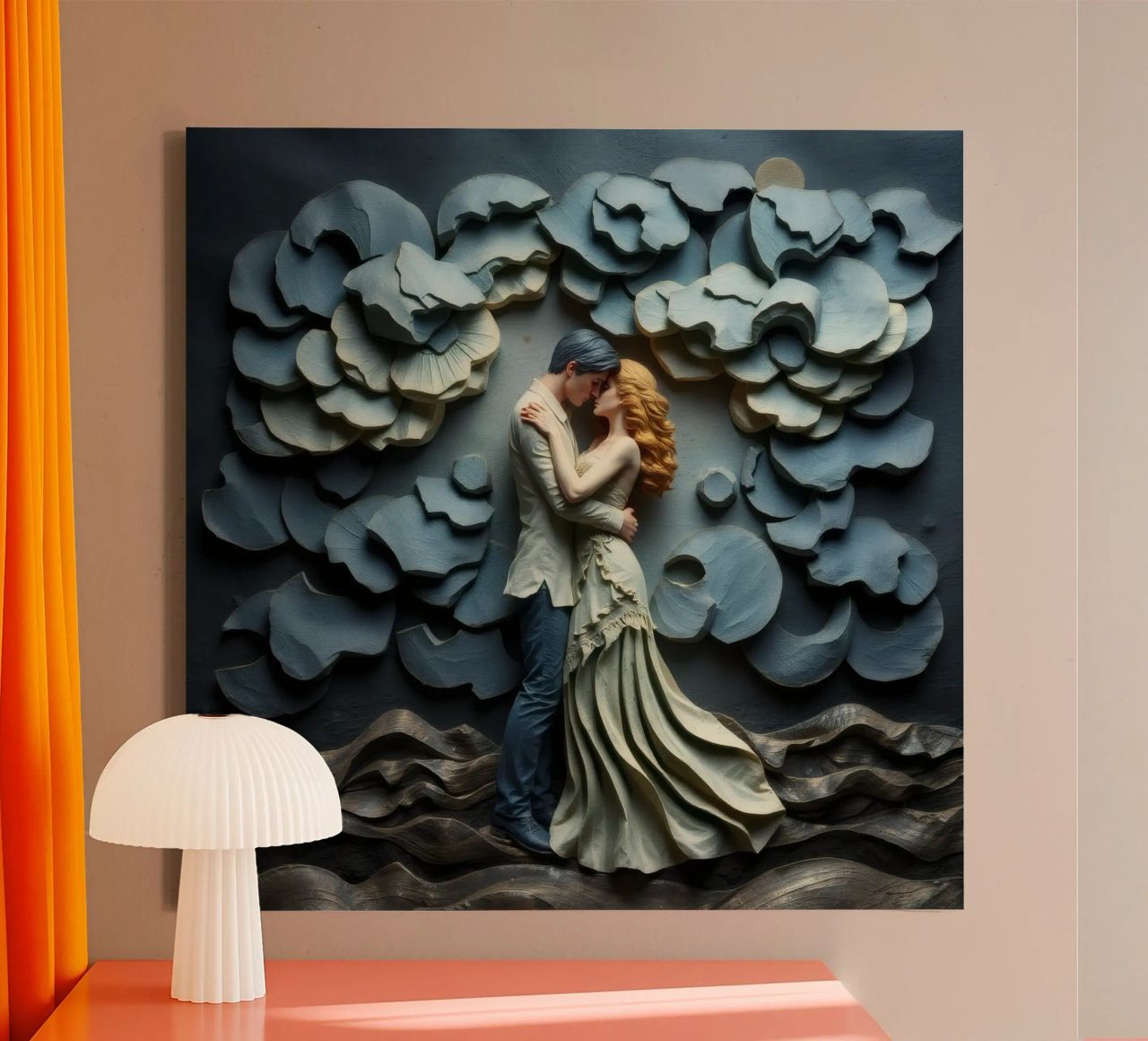 Embracing love amidst artistic waves and clouds canvas by DesignDoodle