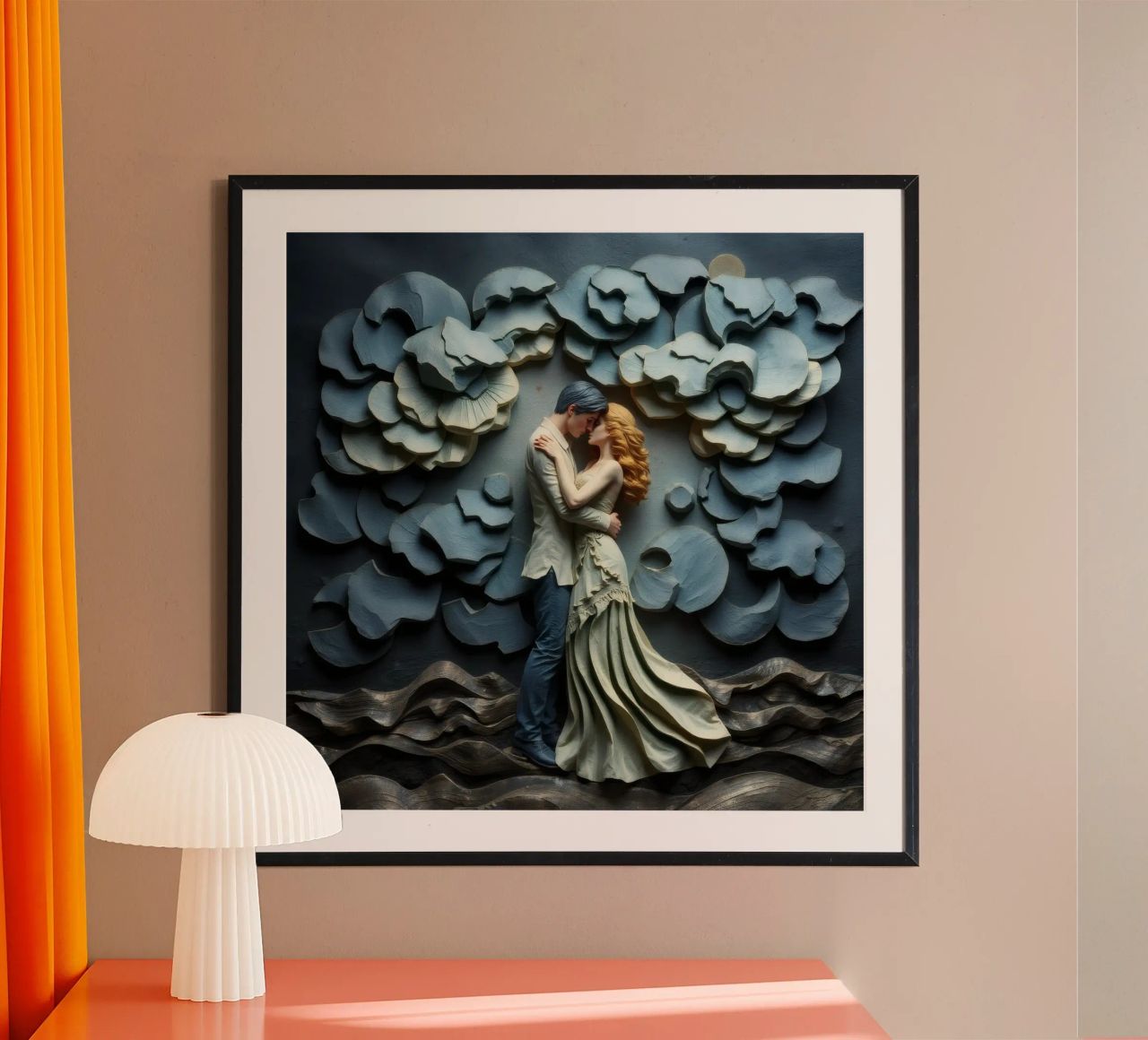 Embracing love amidst artistic waves and clouds poster by DesignDoodle