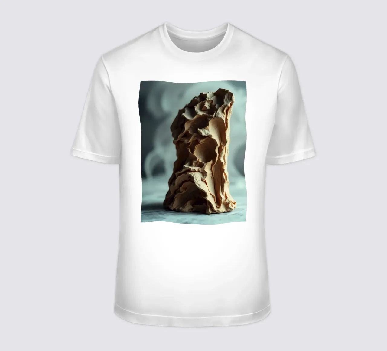 Unique textured sculpture displayed against a soft gray t-shirt by DesignDoodle