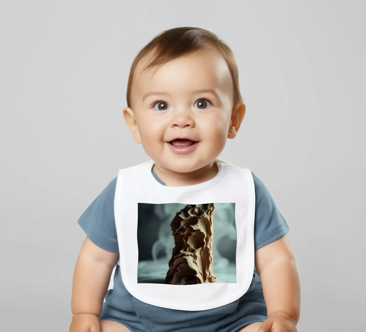 Unique textured sculpture displayed against a soft gray baby bib by DesignDoodle