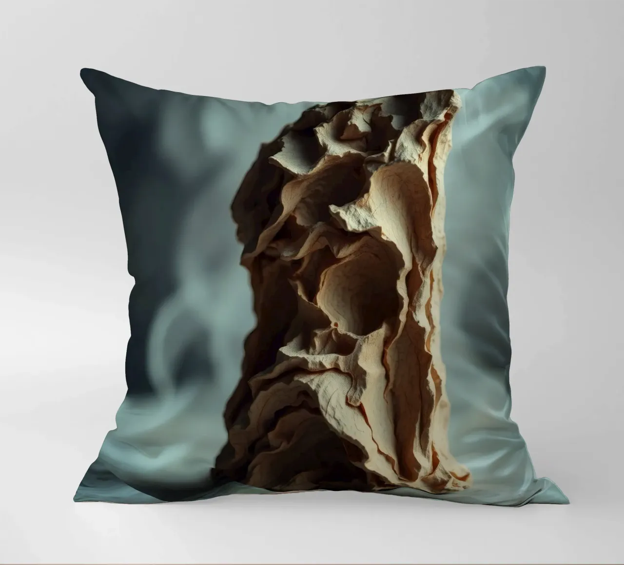 Unique textured sculpture displayed against a soft gray decorative cushion by DesignDoodle