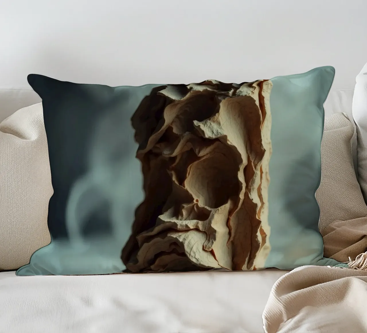 Unique textured sculpture displayed against a soft gray decorative cushion by DesignDoodle