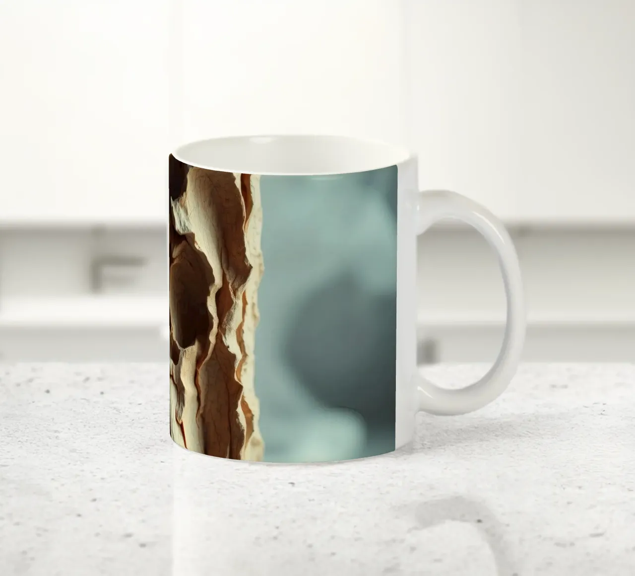 Unique textured sculpture displayed against a soft gray ceramic mug by DesignDoodle