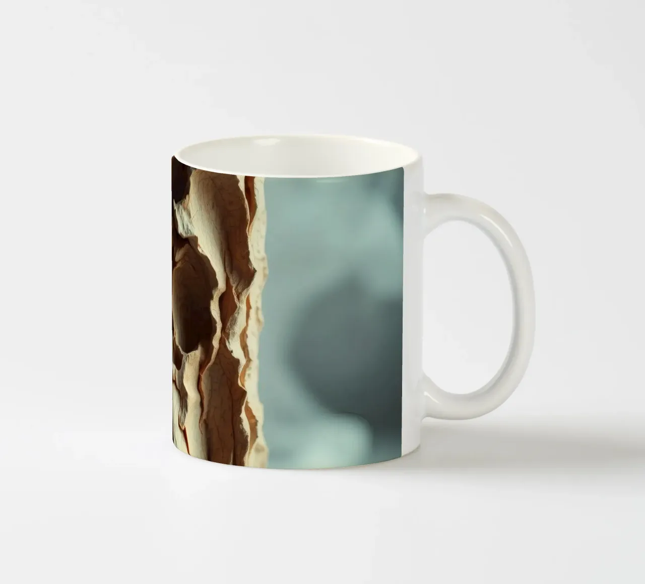 Unique textured sculpture displayed against a soft gray ceramic mug by DesignDoodle