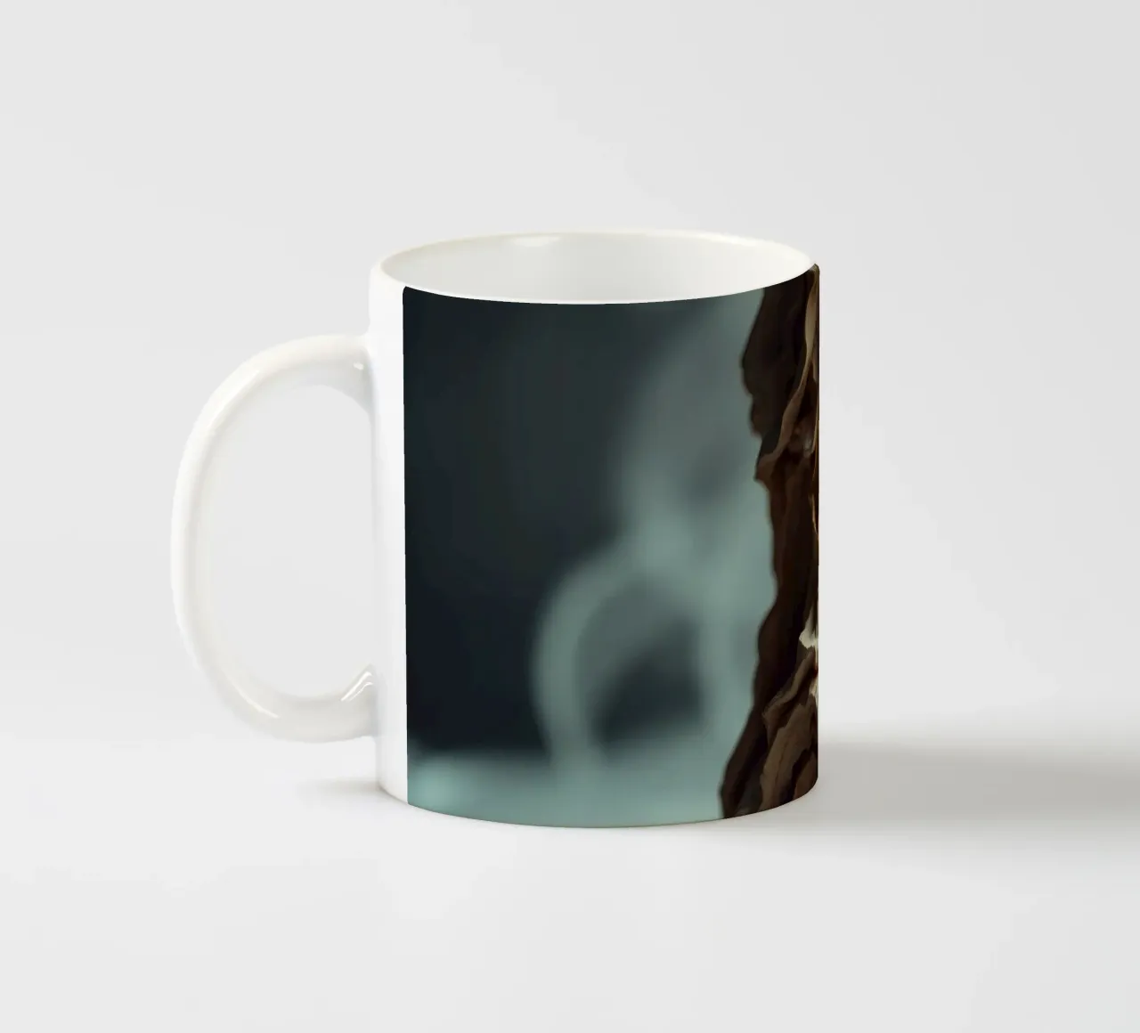 Unique textured sculpture displayed against a soft gray ceramic mug by DesignDoodle