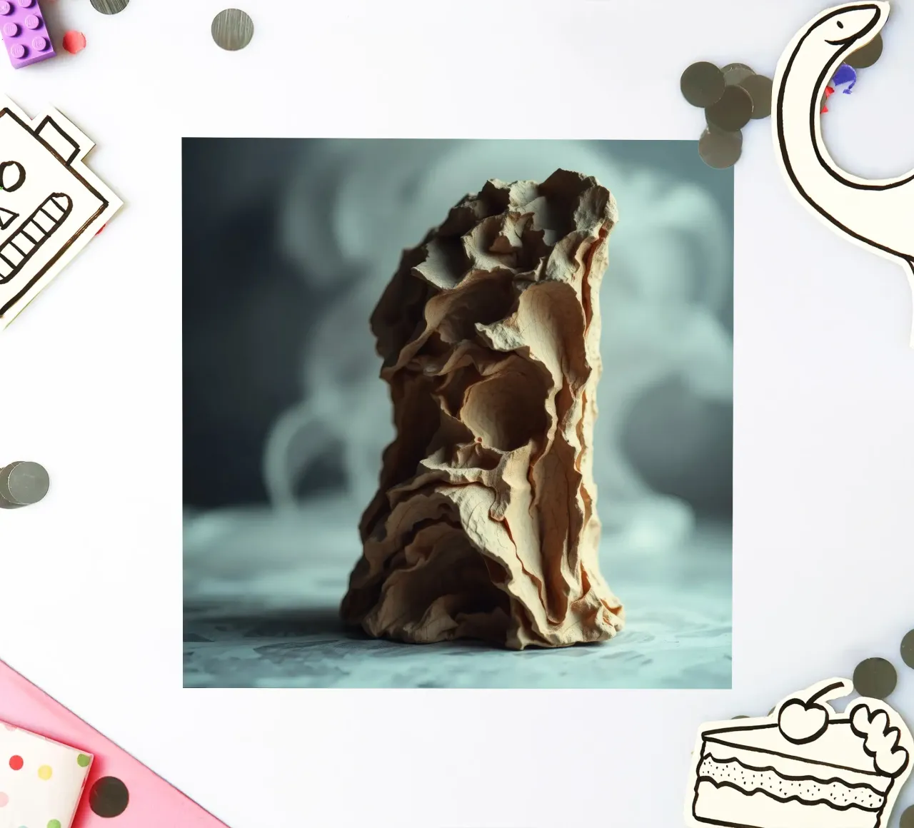 Unique textured sculpture displayed against a soft gray sticker by DesignDoodle